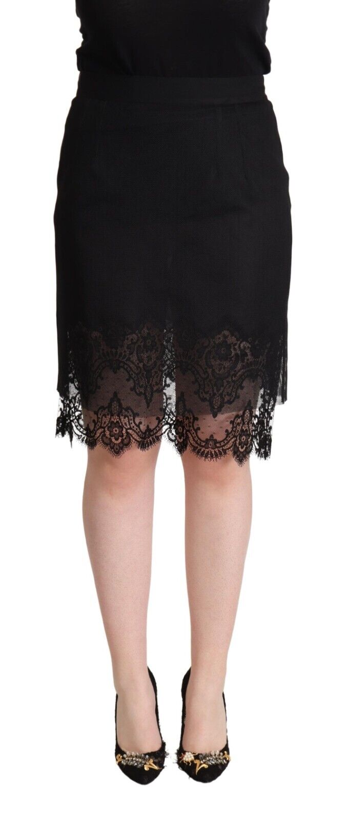 Dolce & Gabbana Black Floral Lace High Waist  Pencil Cut Skirt