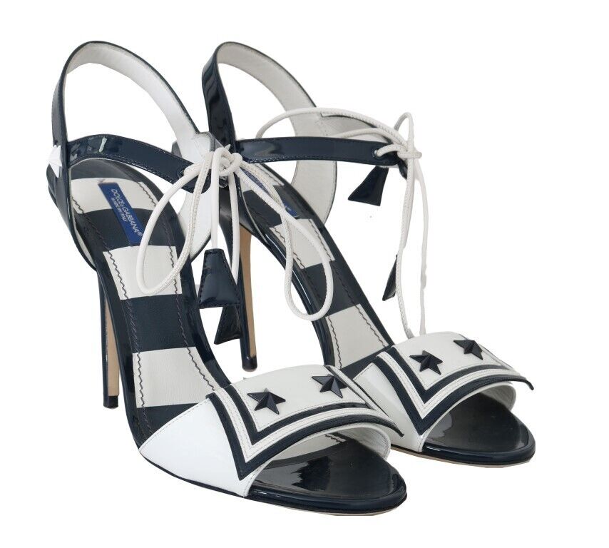 Dolce & Gabbana White Blue Stripes Leather Heels Sandals Shoes