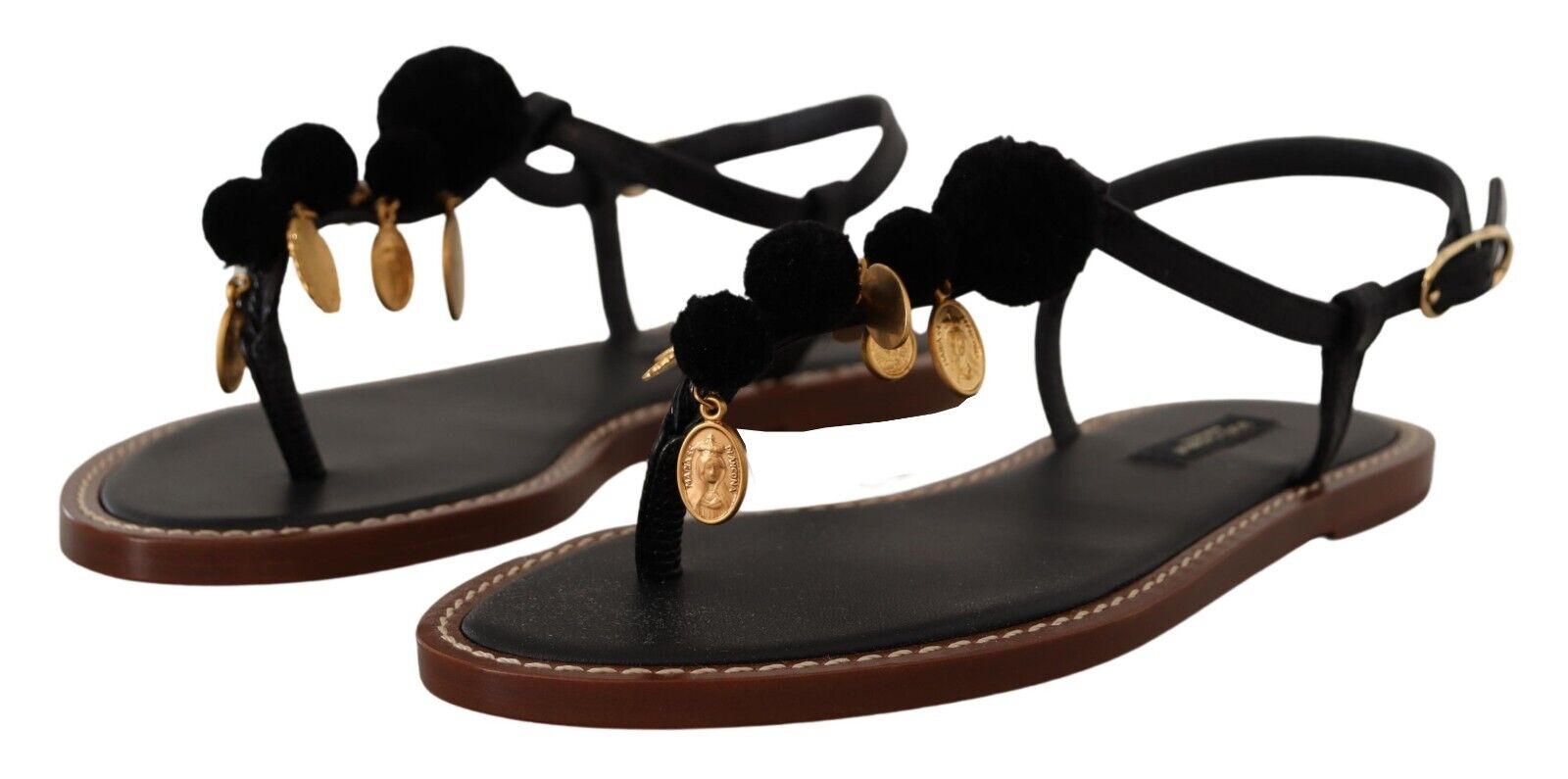 Dolce & Gabbana Black Leather Coins Flip Flops Sandals Shoes