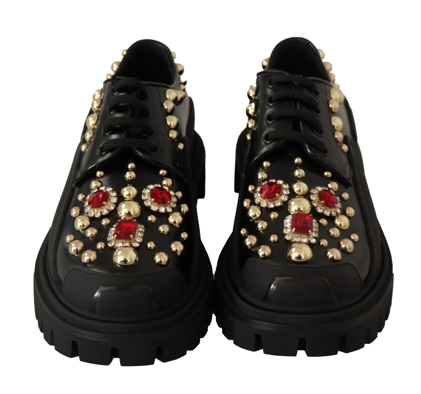 Dolce & Gabbana Black Leather Crystals Studs Formal Derby Shoes