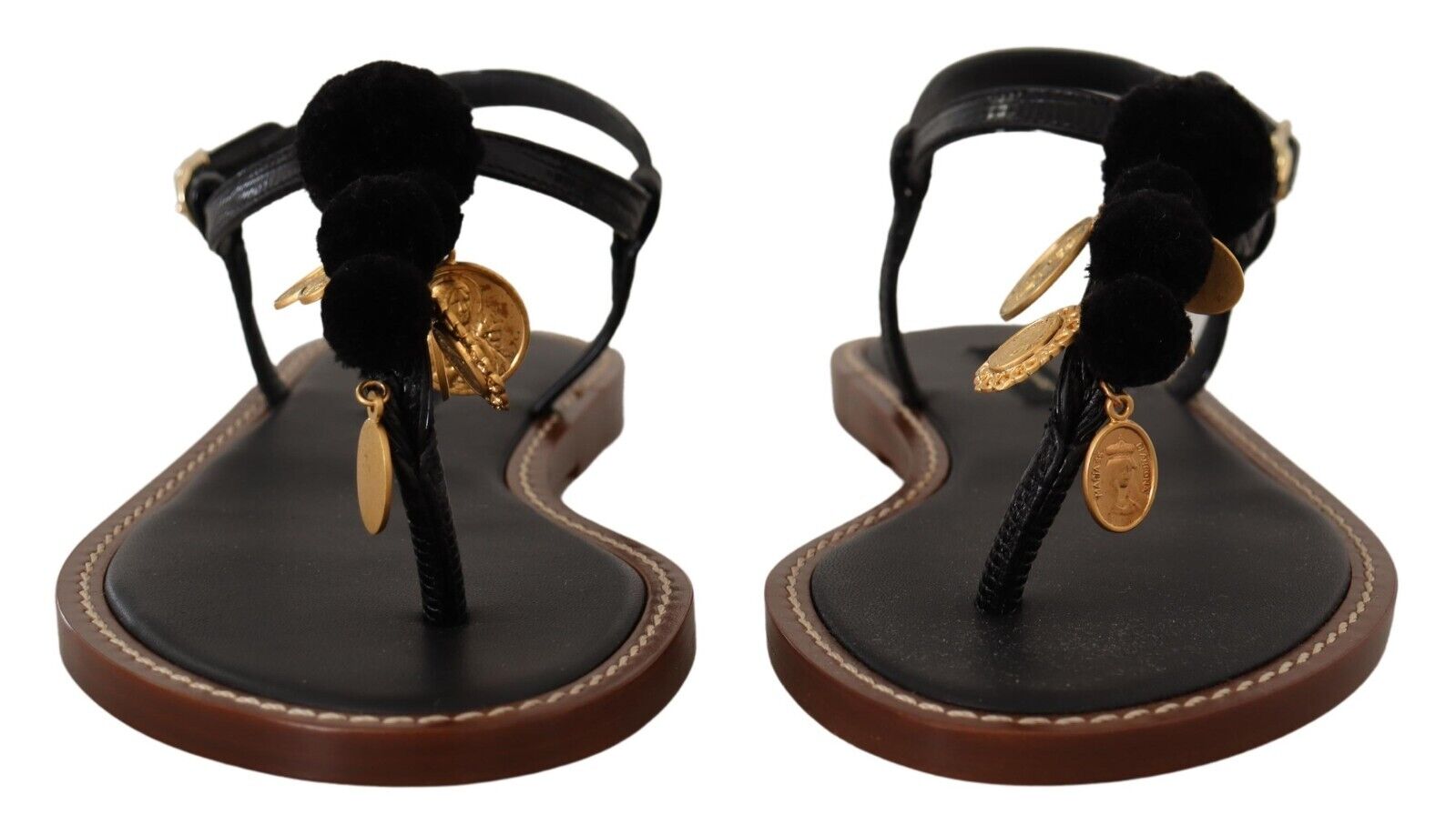 Dolce & Gabbana Black Leather Coins Flip Flops Sandals Shoes