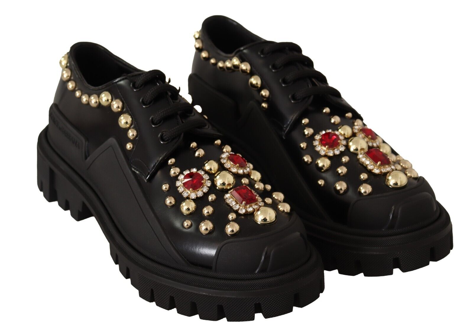 Dolce & Gabbana Black Leather Crystals Studs Formal Derby Shoes