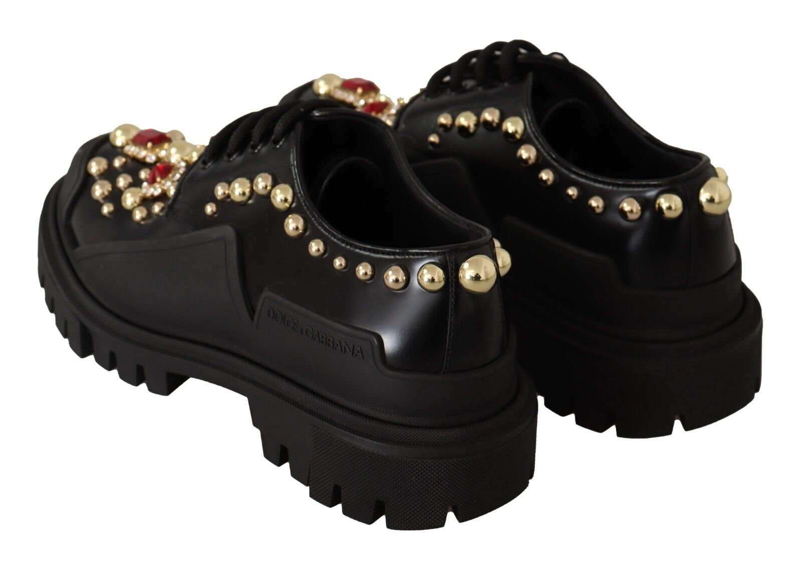 Dolce & Gabbana Black Leather Crystals Studs Formal Derby Shoes