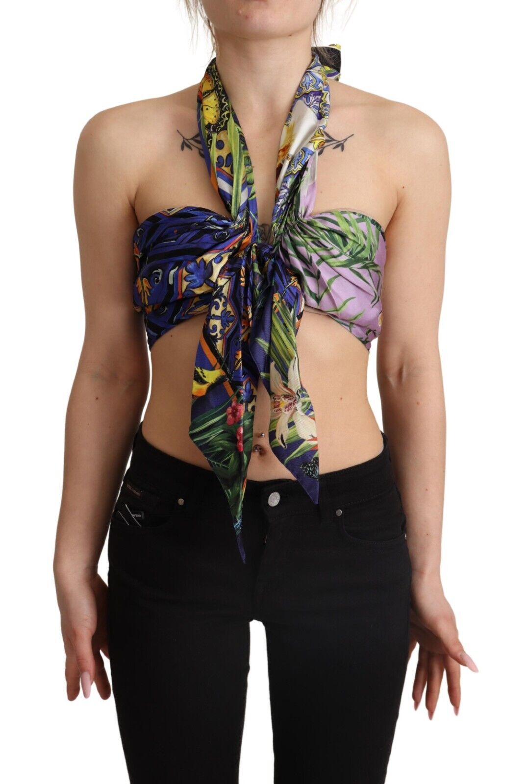 Dolce & Gabbana Multicolor Foulard Silk Halter Cropped Top