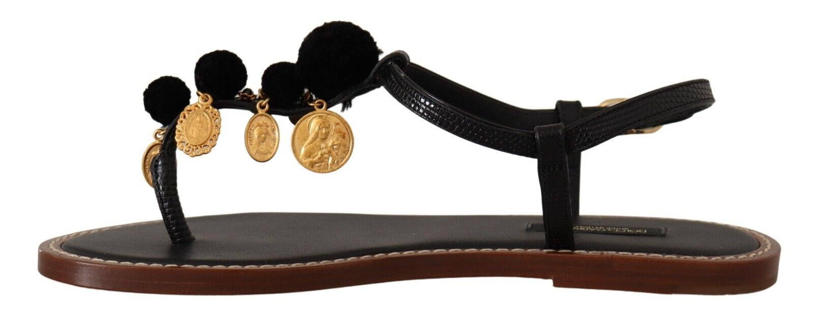 Dolce & Gabbana Black Leather Coins Flip Flops Sandals Shoes