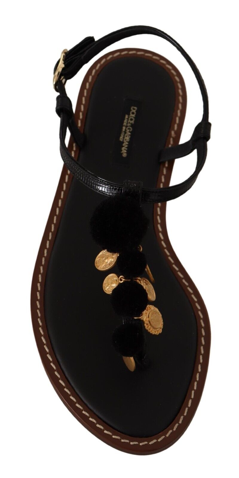 Dolce & Gabbana Black Leather Coins Flip Flops Sandals Shoes