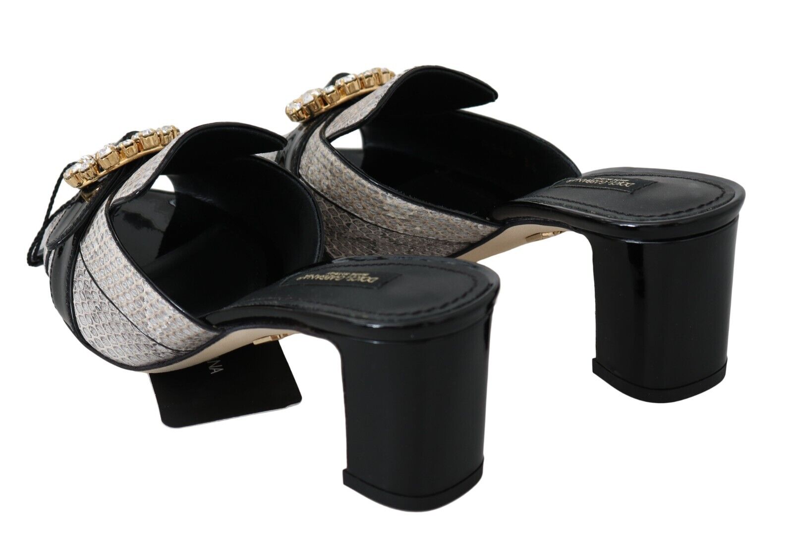 Dolce & Gabbana Black Gray Exotic Leather Crystals Sandals Shoes