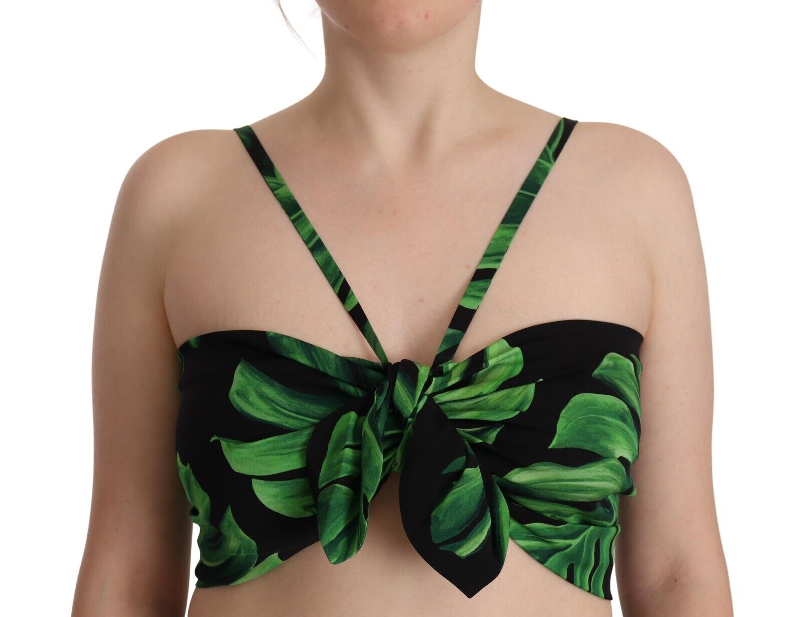 Dolce & Gabbana Black Green Leaf Silk Halter Cropped Top