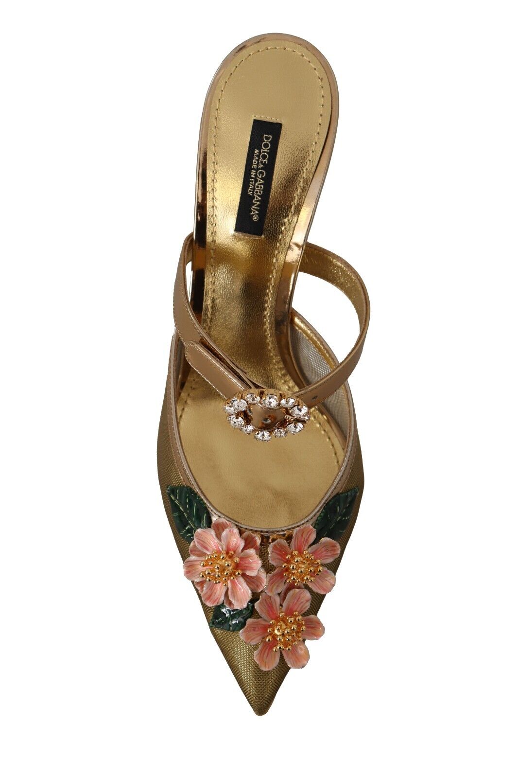 Dolce & Gabbana Gold Crystal Floral Decor Heels Sandals Shoes