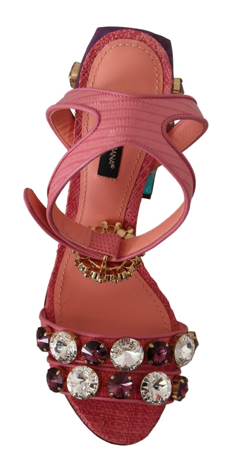 Dolce & Gabbana Pink Leather Crystal Block Heels Sandals Shoes