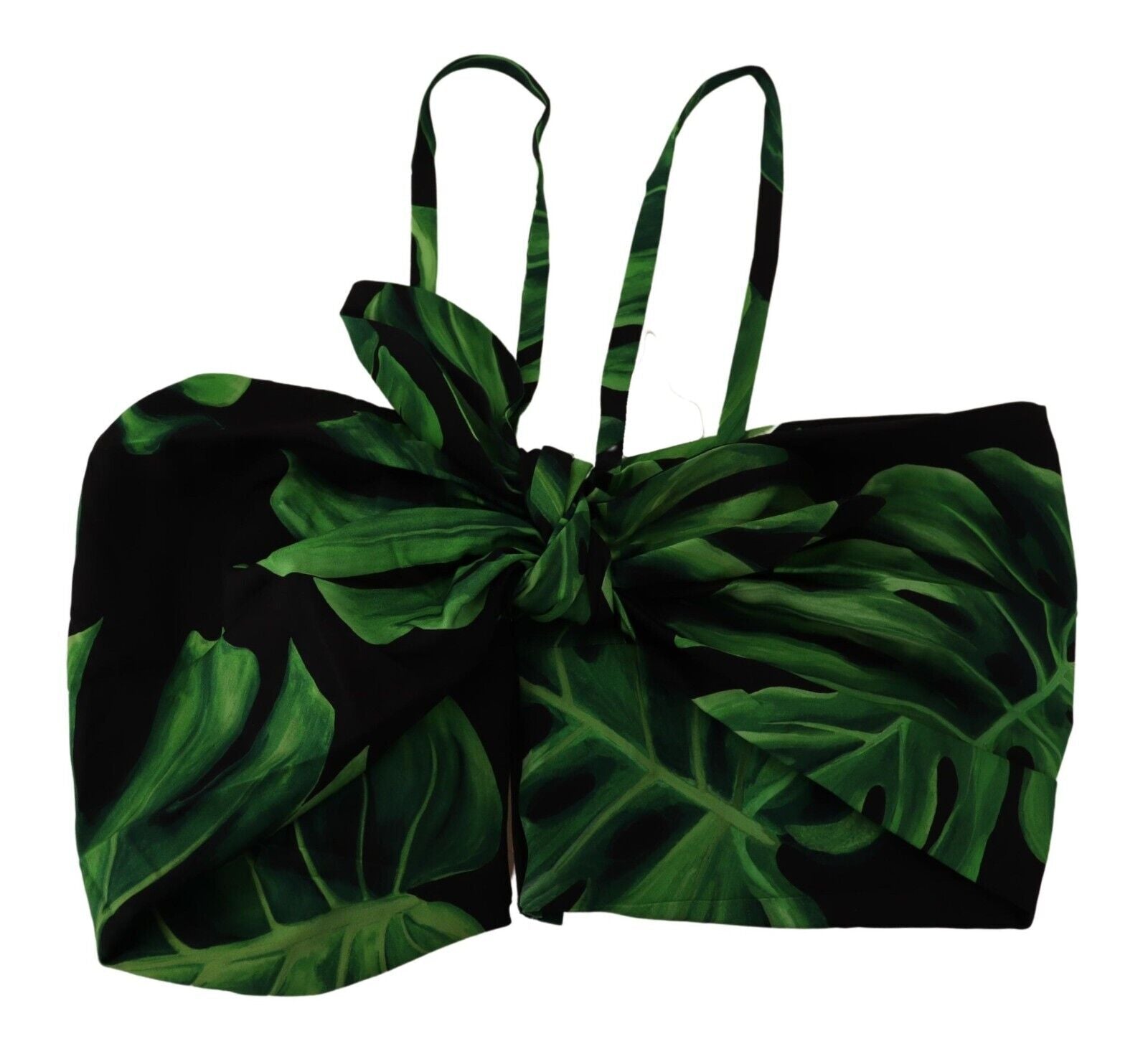 Dolce & Gabbana Black Green Leaf Silk Halter Cropped Top