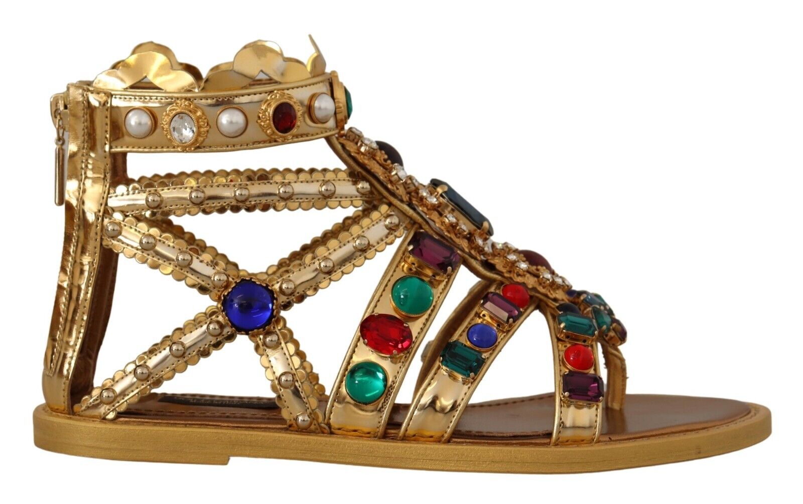 Dolce & Gabbana Gold Leather Crystal Gladiator Sandals Flats Shoes