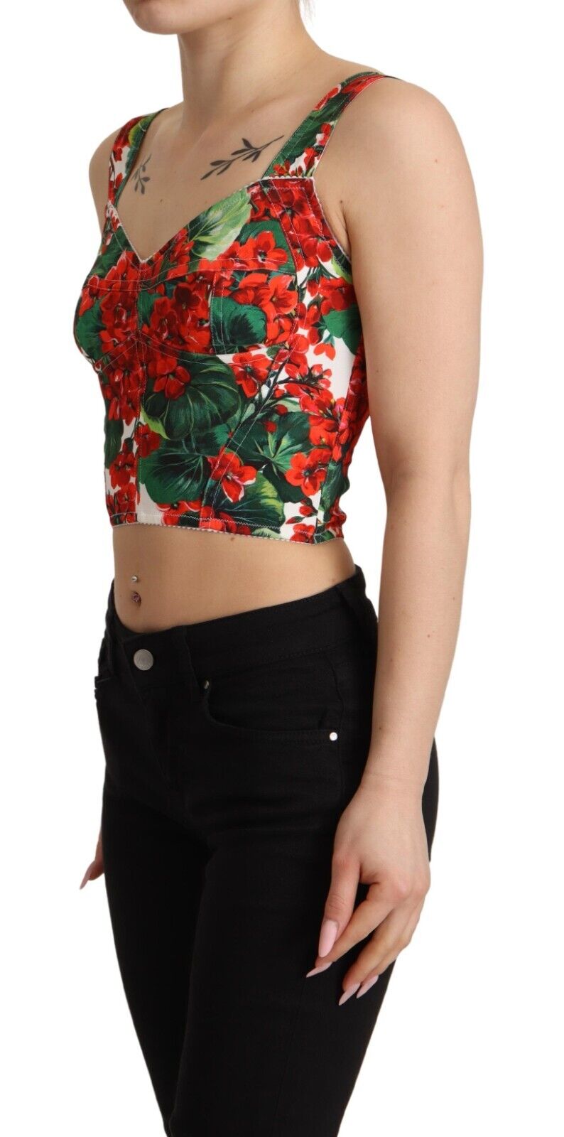 Dolce & Gabbana Red Geranium Print Viscose Sweetheart Cropped Top