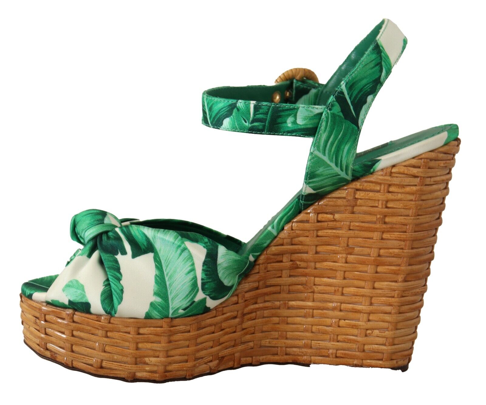 Dolce & Gabbana Green Leaves Ankle Strap Wedge  Sandals Shoes