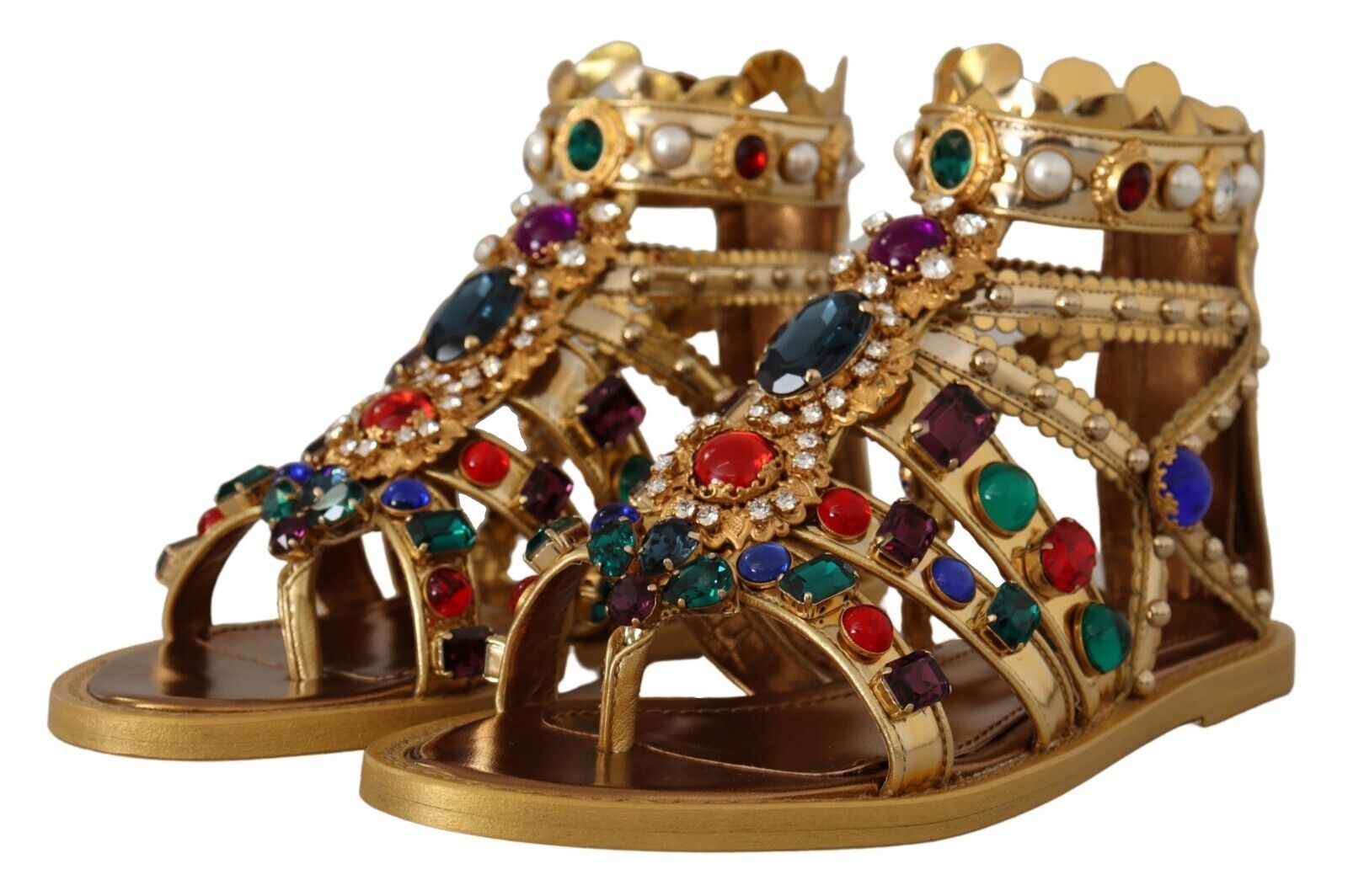 Dolce & Gabbana Gold Leather Crystal Gladiator Sandals Flats Shoes