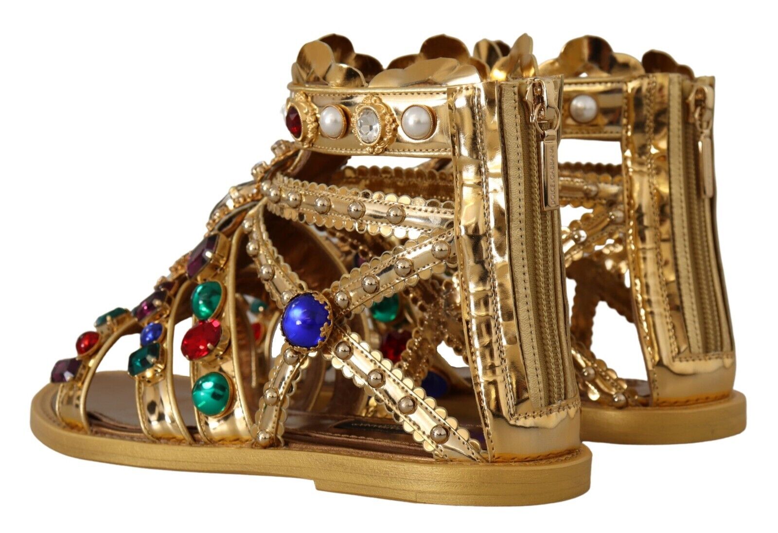 Dolce & Gabbana Gold Leather Crystal Gladiator Sandals Flats Shoes