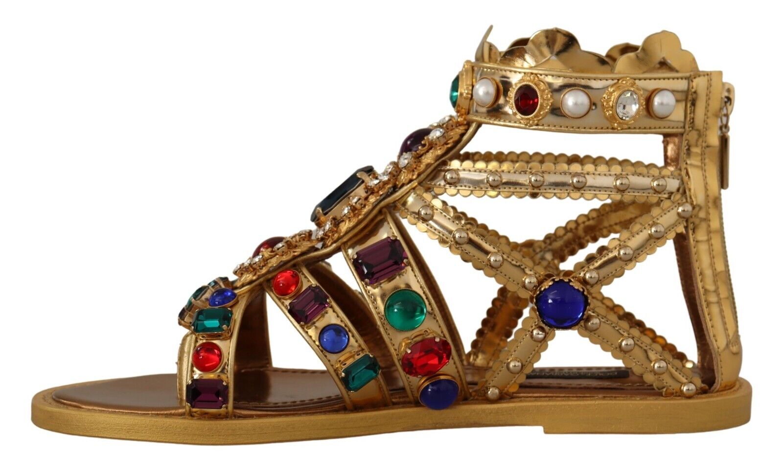 Dolce & Gabbana Gold Leather Crystal Gladiator Sandals Flats Shoes