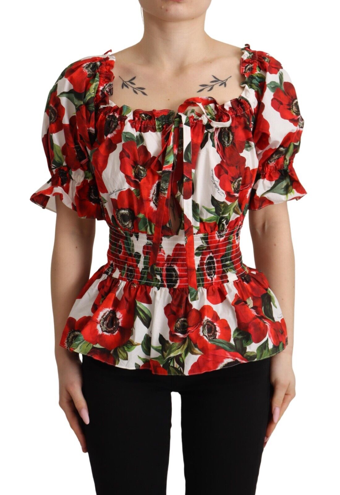 Dolce & Gabbana Red Anemone Print Cotton Short Sleeves Blouse Top