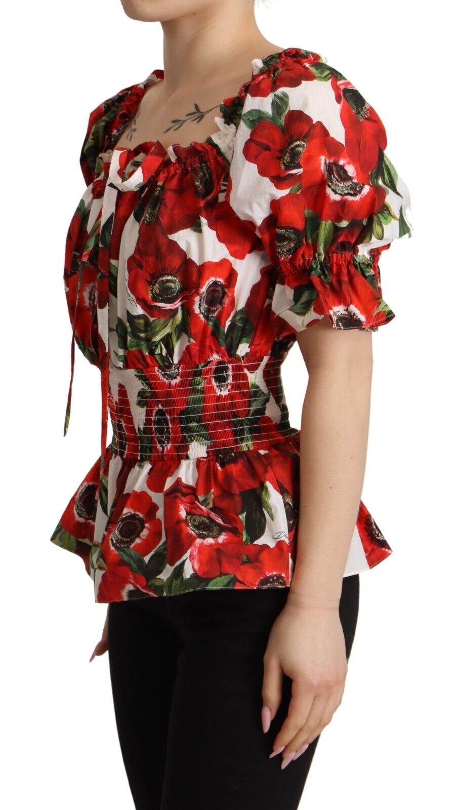 Dolce & Gabbana Red Anemone Print Cotton Short Sleeves Blouse Top