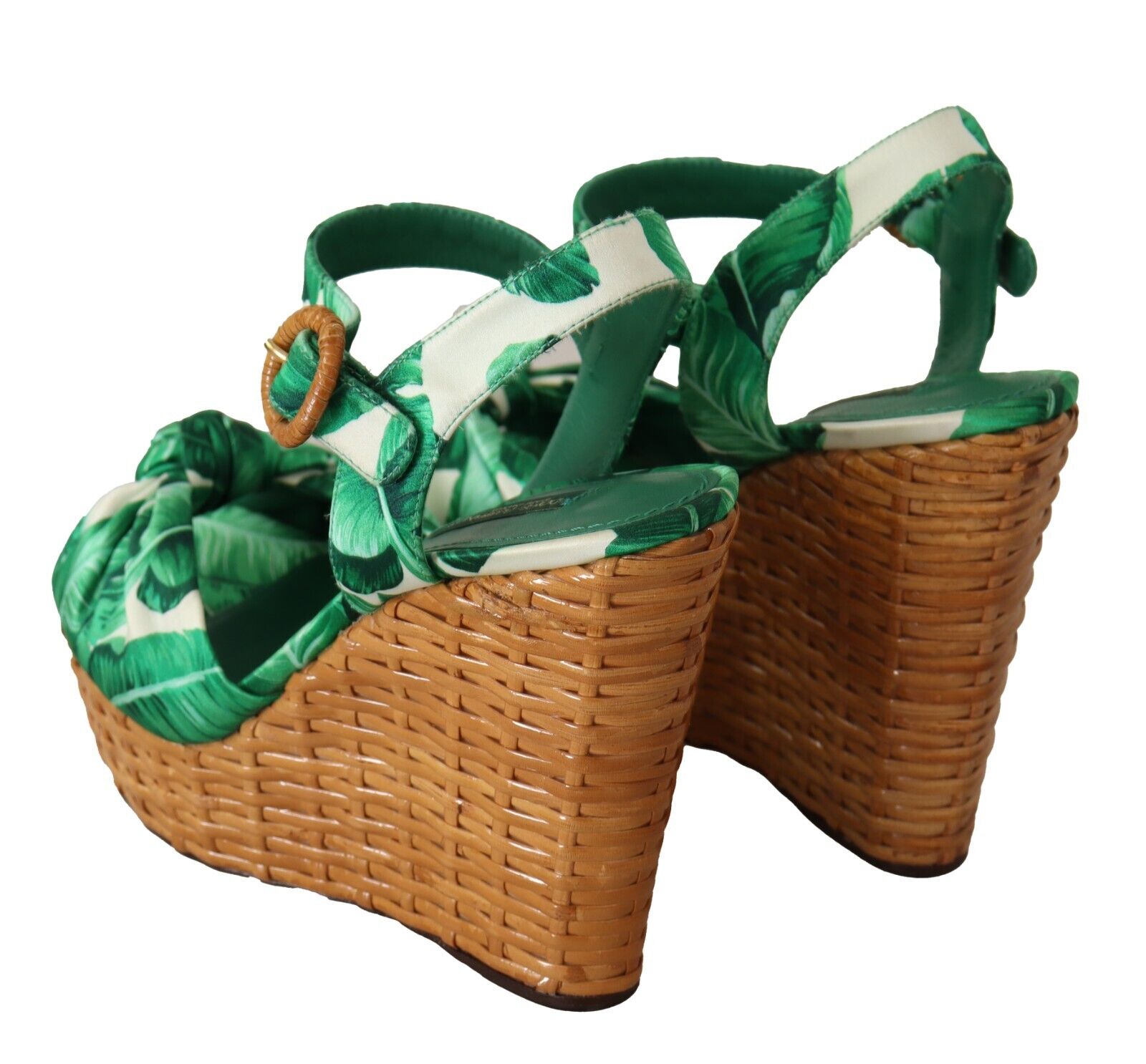 Dolce & Gabbana Green Leaves Ankle Strap Wedge  Sandals Shoes