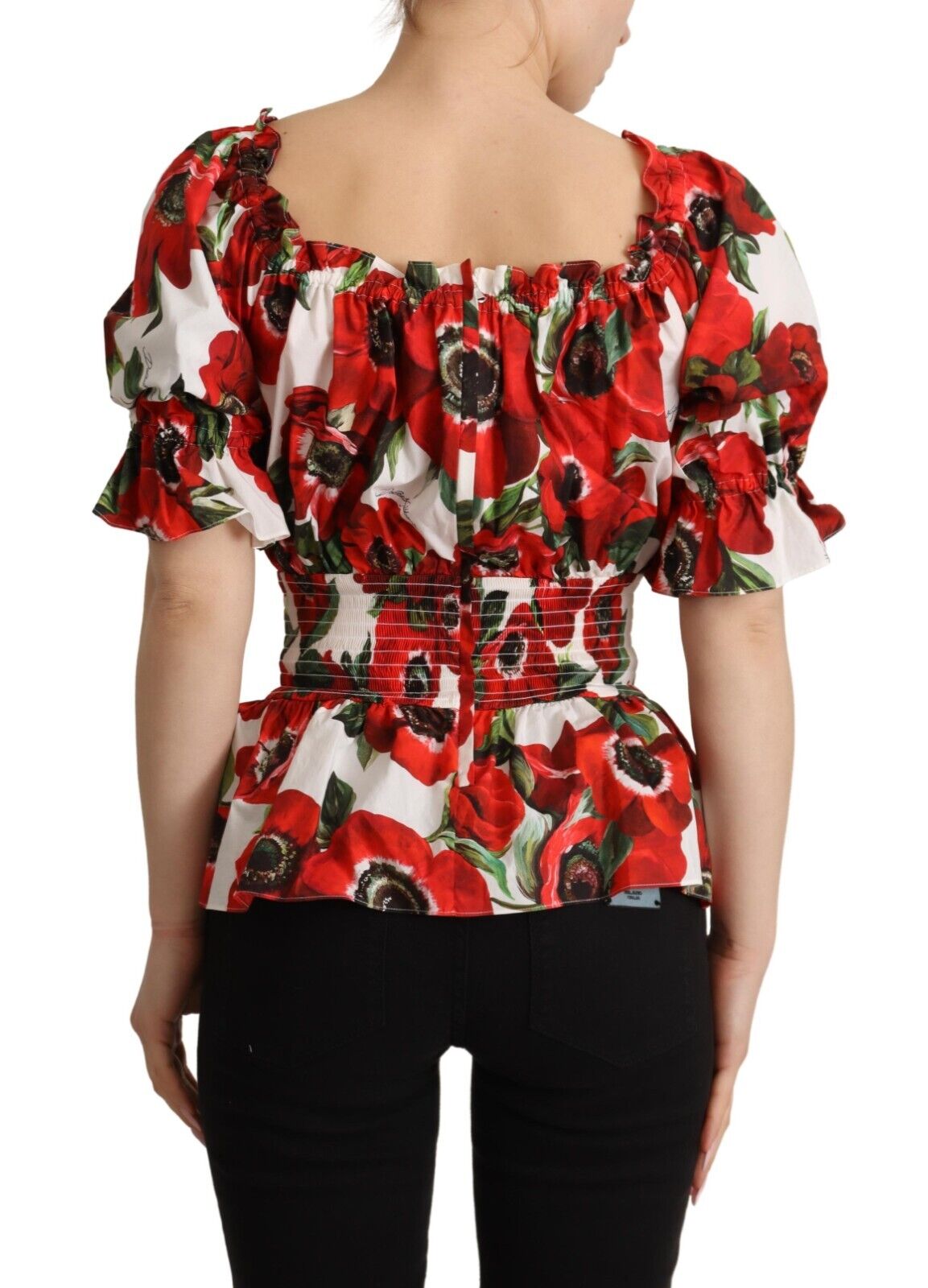 Dolce & Gabbana Red Anemone Print Cotton Short Sleeves Blouse Top