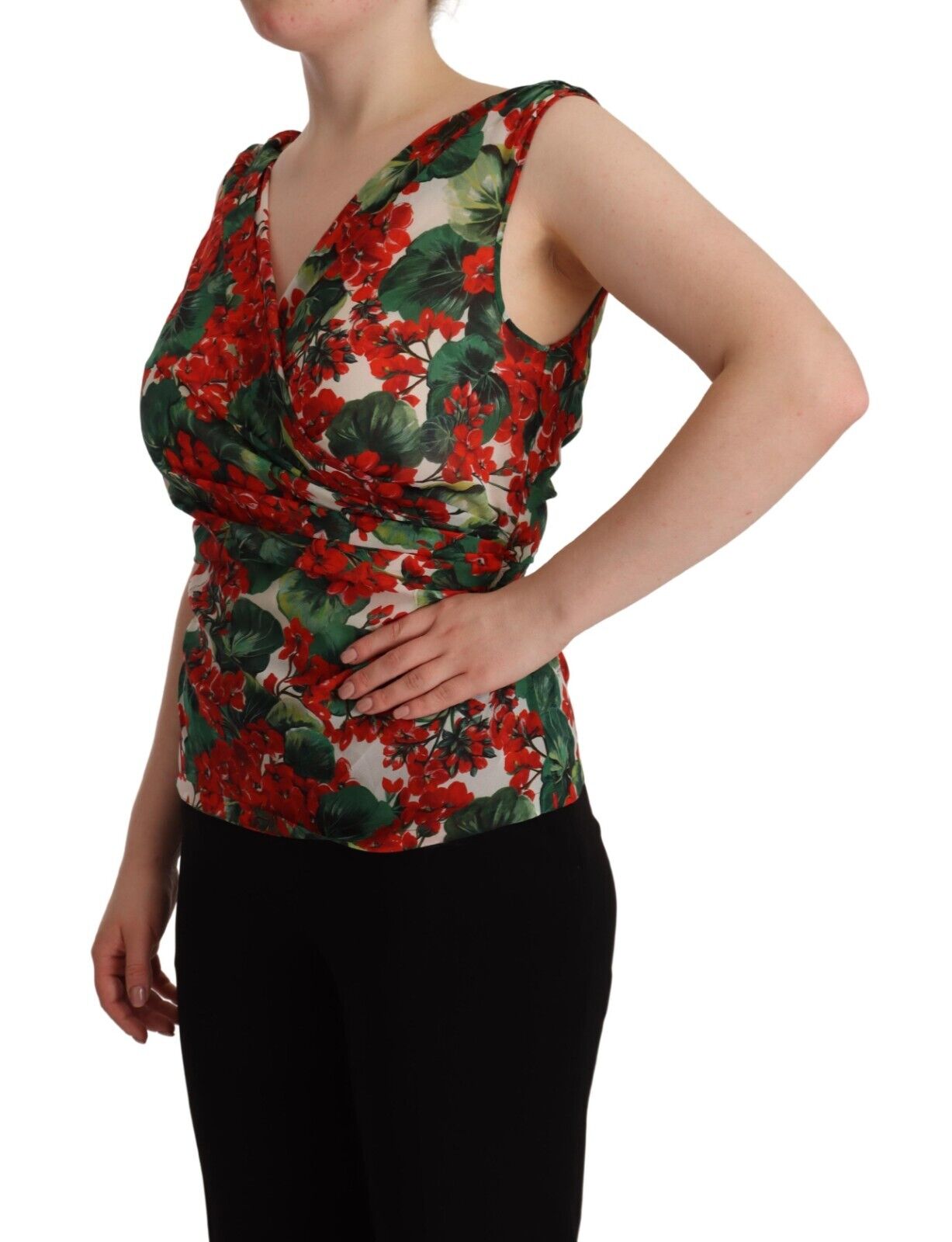 Dolce & Gabbana Multicolor Geranium Silk Sleeveless V-neck Top