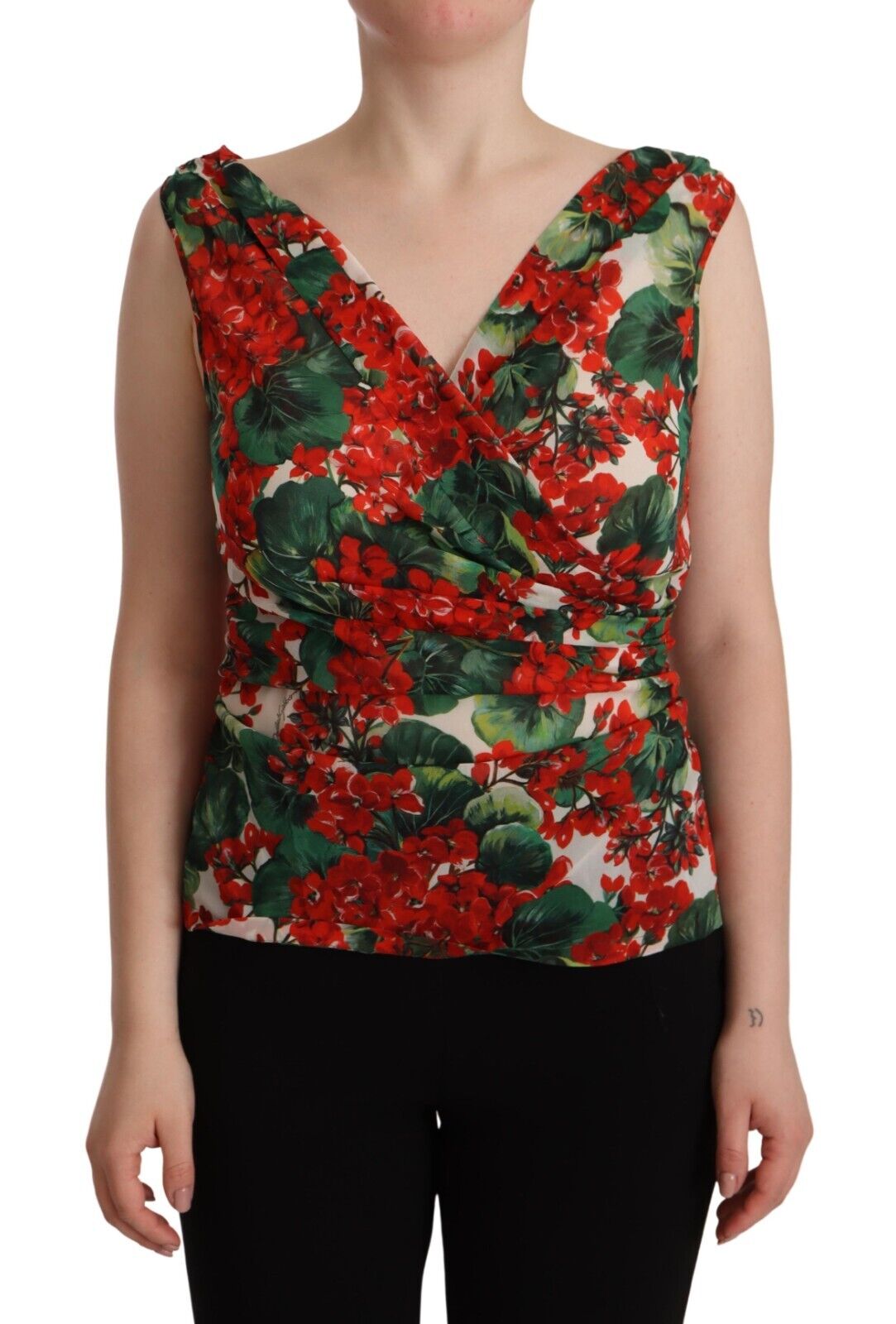 Dolce & Gabbana Multicolor Geranium Silk Sleeveless V-neck Top