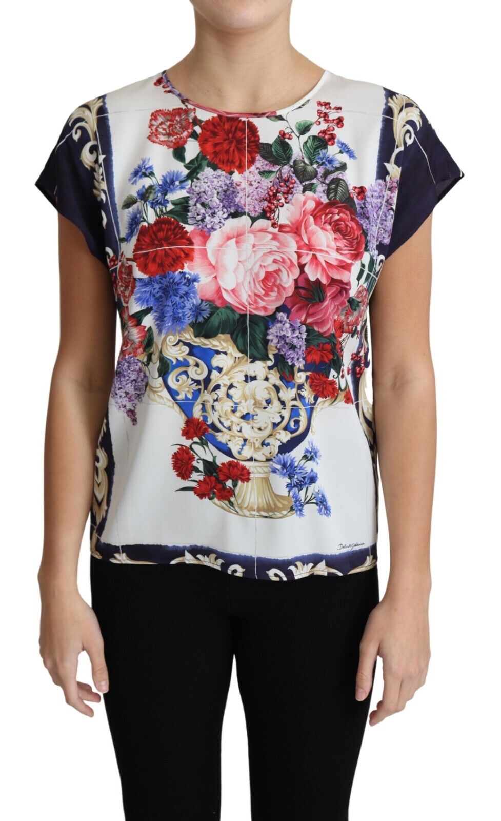 Dolce & Gabbana Multicolor Silk Flower Vase Short Sleeves Blouse Top