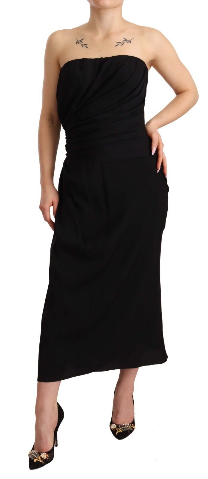 Dolce & Gabbana Black Silk Stretch Strapless Sheath Midi Dress