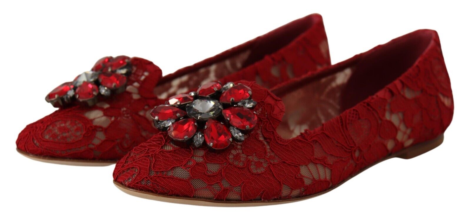 Dolce & Gabbana Red Lace Crystal Ballet Flats Loafers Shoes