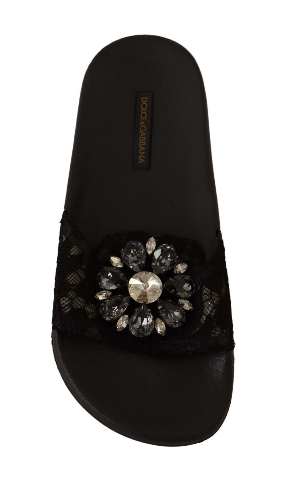 Dolce & Gabbana Black Lace Crystal Sandals Slides Beach Shoes