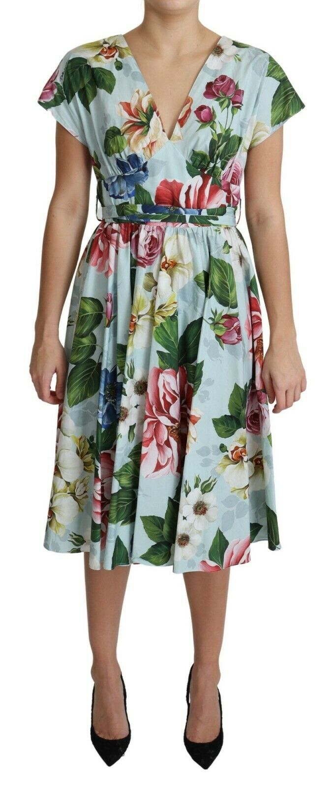 Dolce & Gabbana Green Floral Short Sleeves V-neck Dress