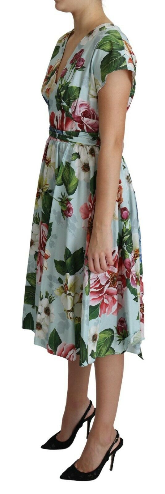 Dolce & Gabbana Green Floral Short Sleeves V-neck Dress